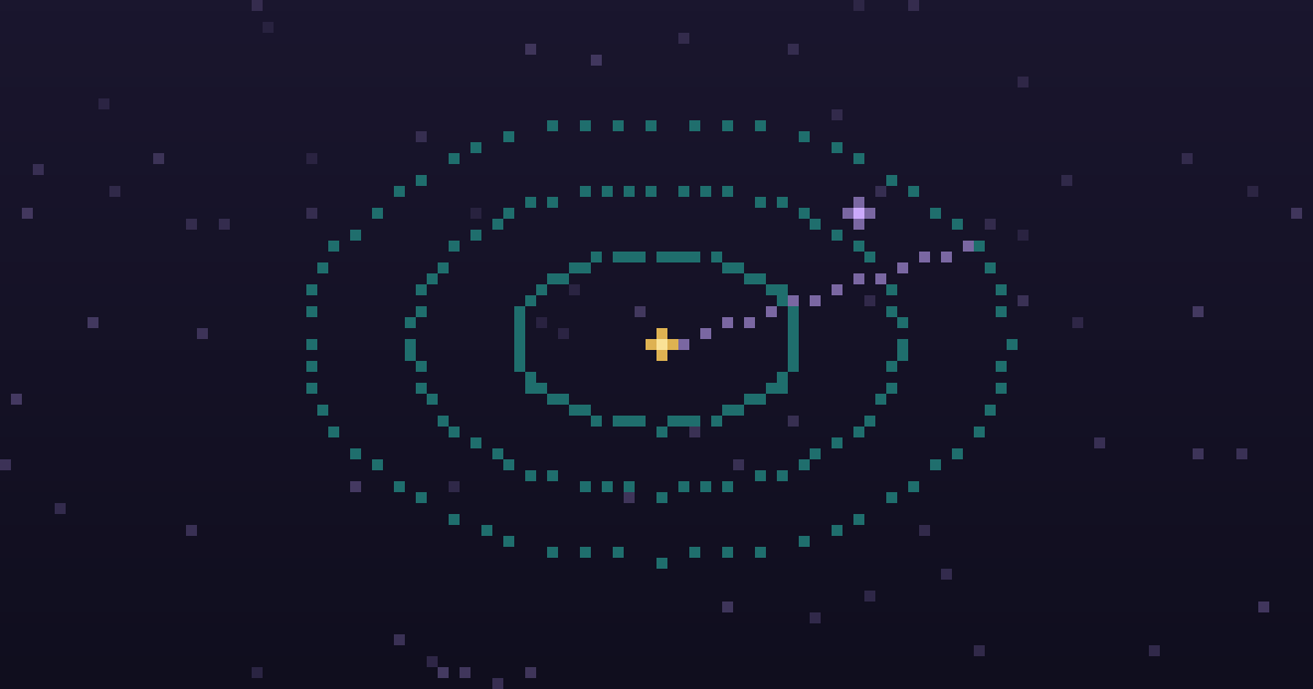 Pixel art of a pixel radar sweep with glowing contacts on a dark purple background