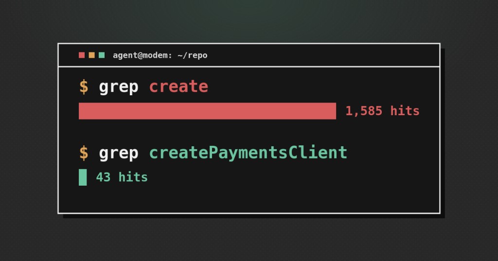 Retro terminal window comparing grep create (1,585 hits) with grep createPaymentsClient (43 hits)