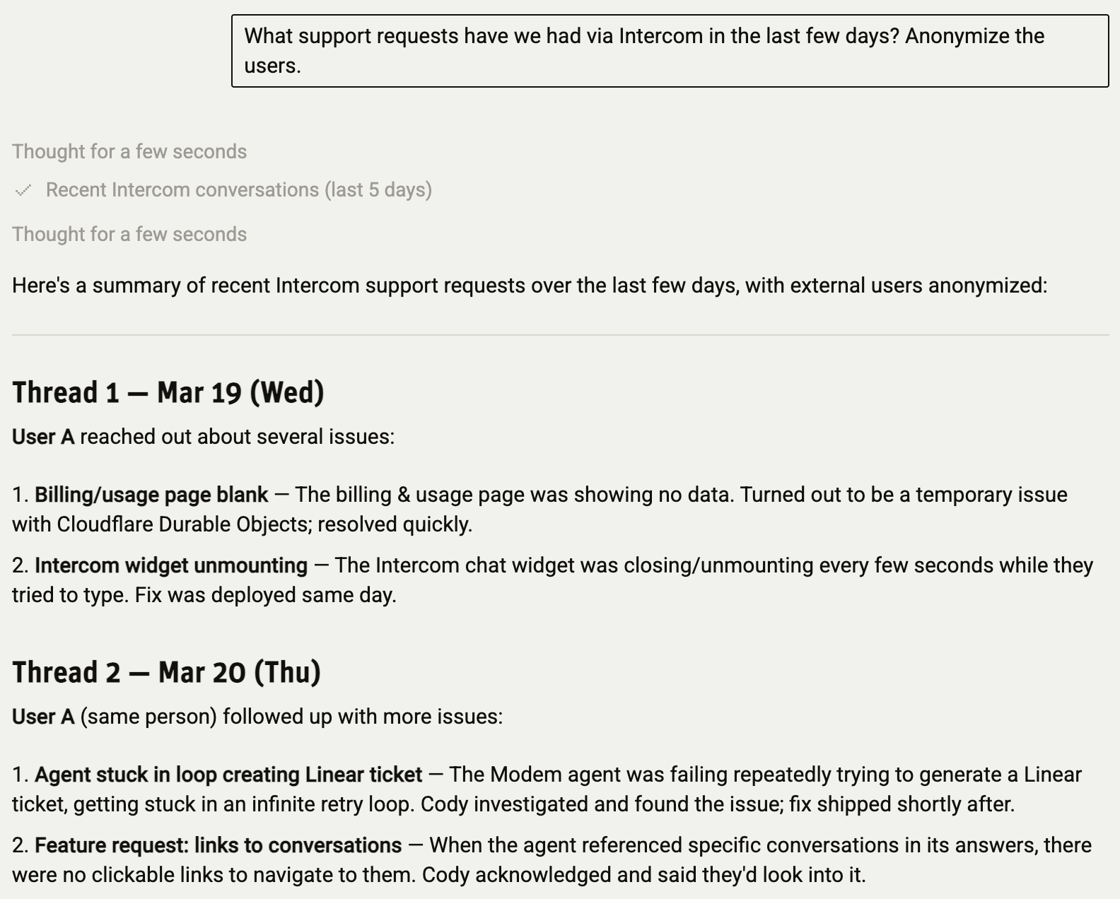 Modem agent summarizing recent Intercom support requests with anonymized users