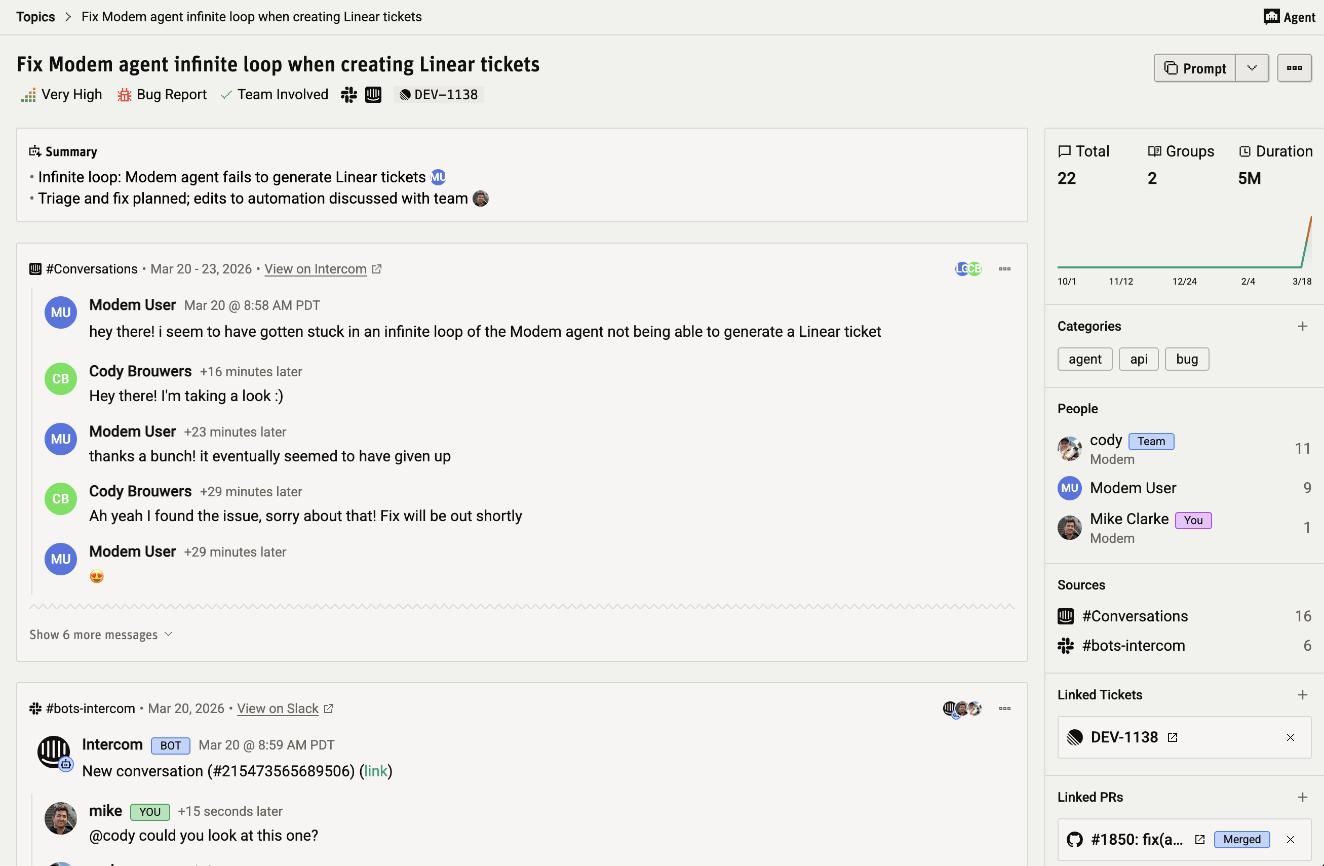 A Modem topic showing an Intercom conversation alongside Slack messages, a linked Linear ticket, and a merged GitHub PR