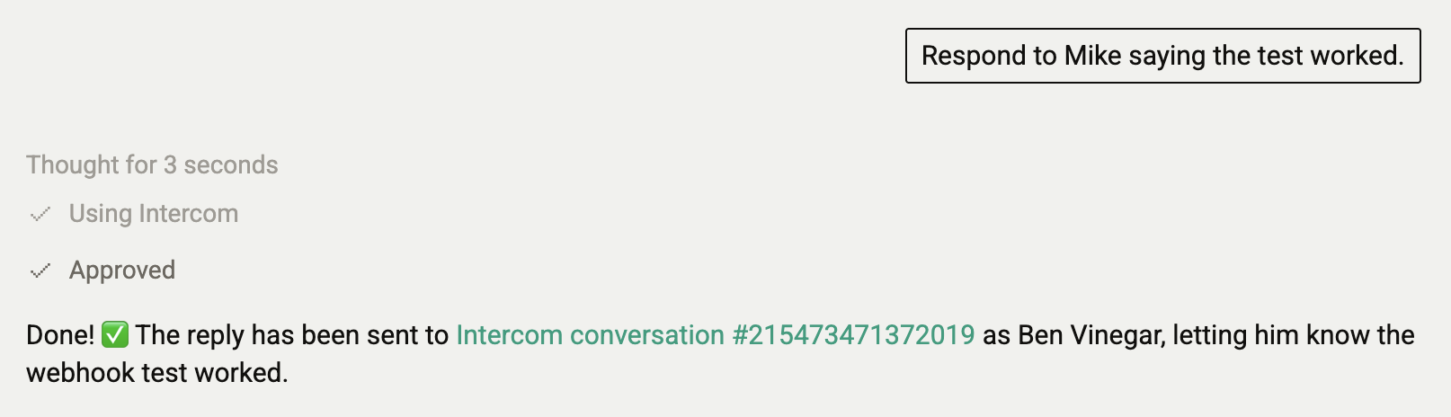 Modem agent sending a reply to an Intercom conversation after user approval