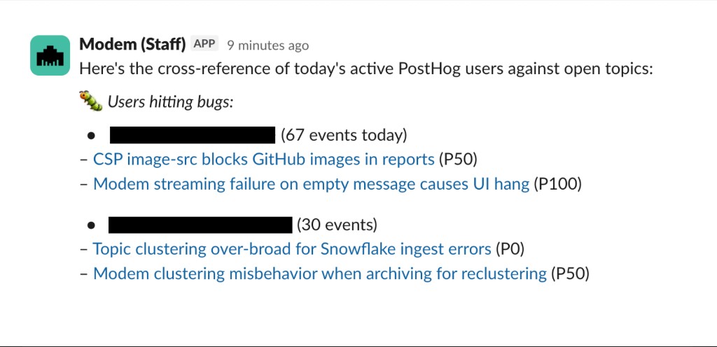 Modem cross-referencing active PostHog users against open topics in Slack