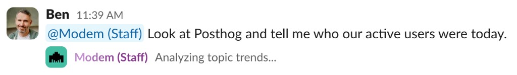 Slack message asking Modem to look at PostHog for active users
