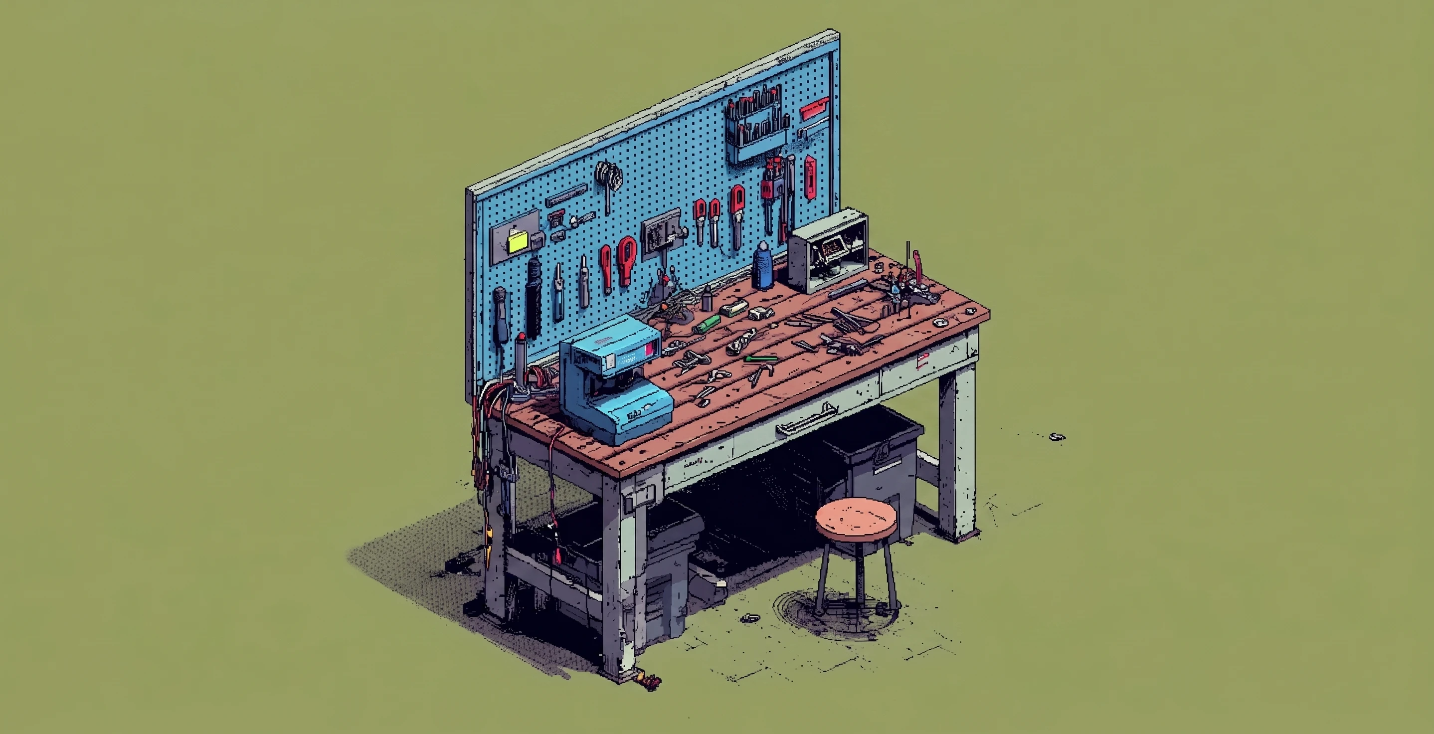 Pixel art workbench with tools and a computer, representing building reusable agent skills