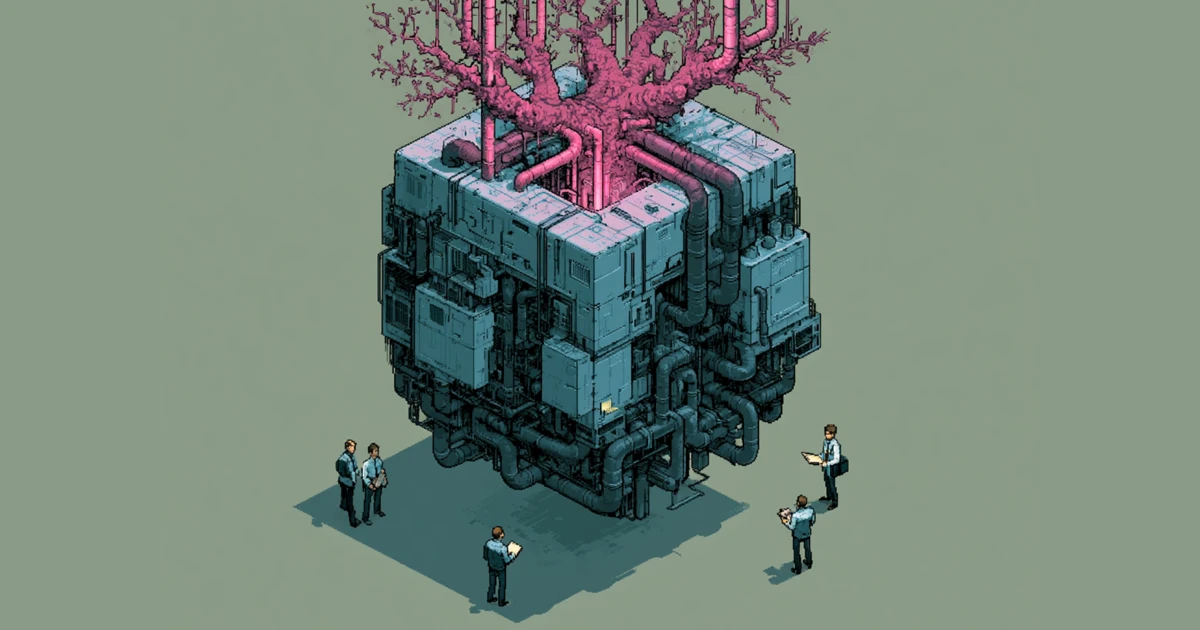Pixel art of engineers inspecting a machine cube with a pink tree growing out of it, representing billing data rooted in Modem's customer graph