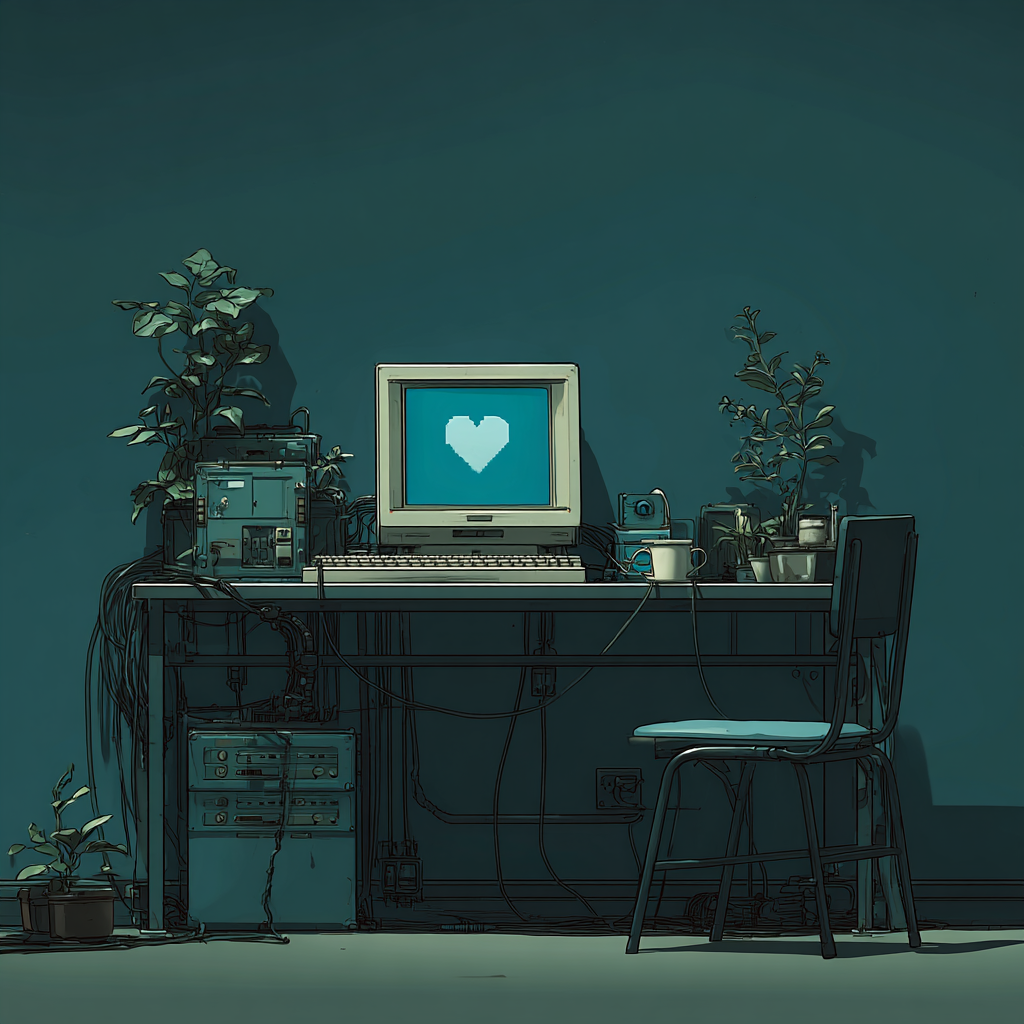 A desk workspace with a vintage monitor, plants, and electronics